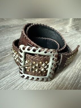 KIPPYS Brown Leather Brass Studded Croc Belt 34